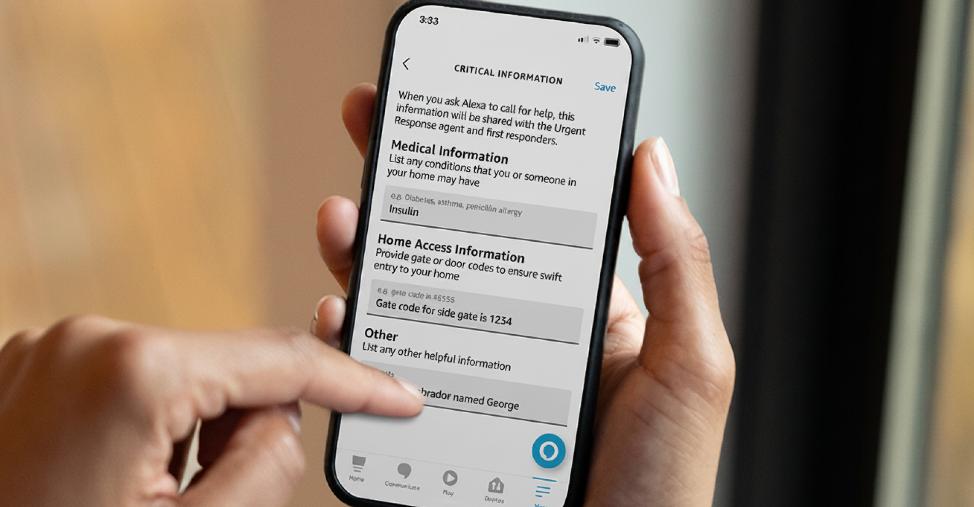 Person holding a phone showing the Alexa Emergency Assist Critical Information screen